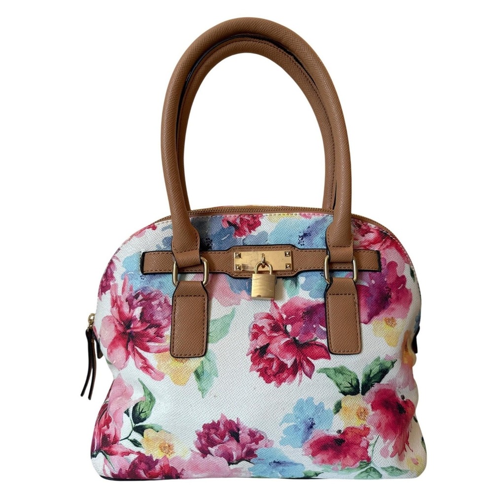 Apt 9 Floral Dome Satchel Crossbody Bag Multicolor Tan Gold Hardware Padlock‎
